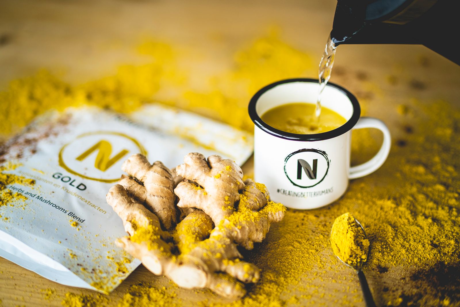 Hot water being poured into a mug to prepare a powdered drink