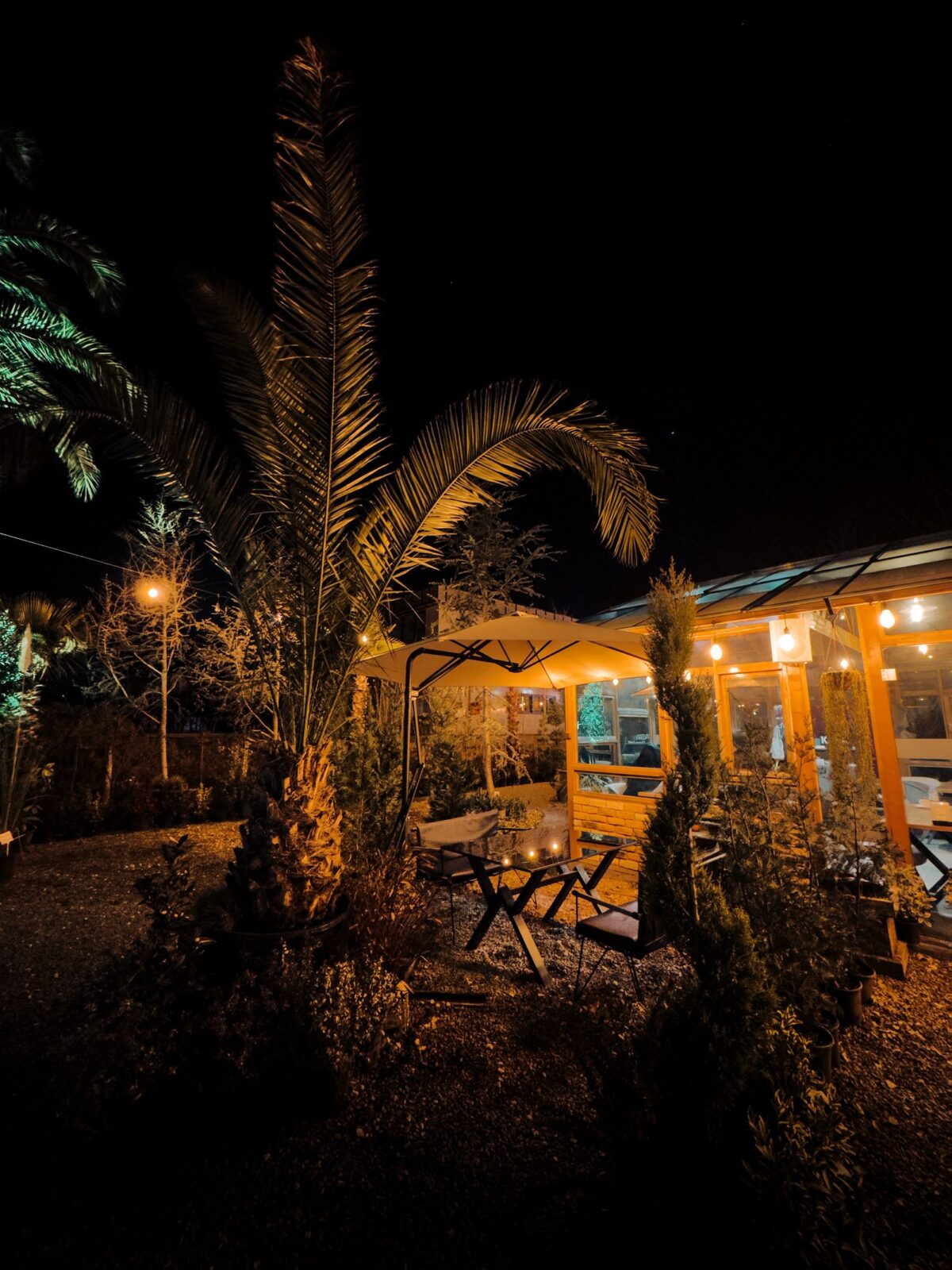 A comfortable patio seating area on a still summer evening
