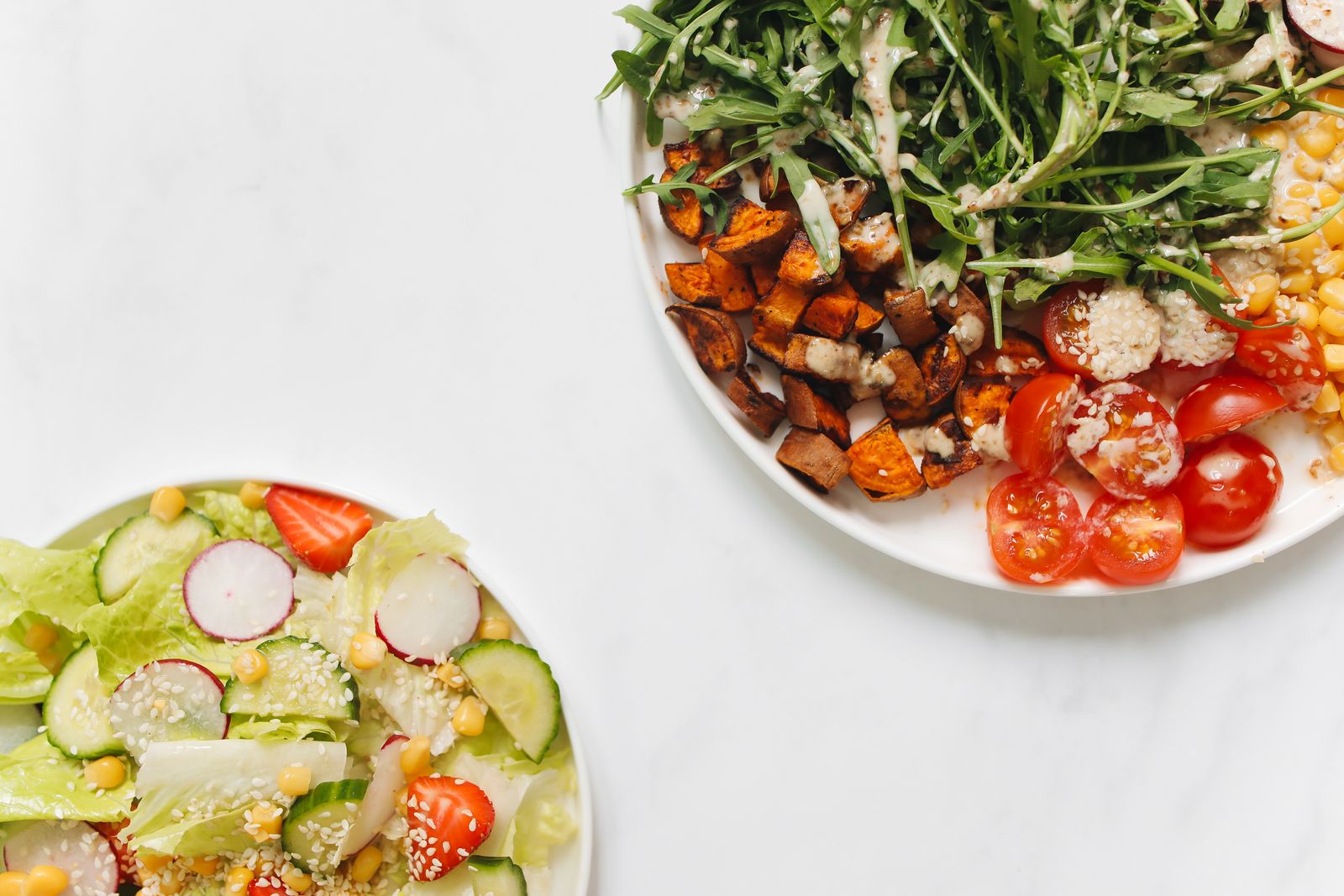 Close-up of plates portioned with balanced healthy food