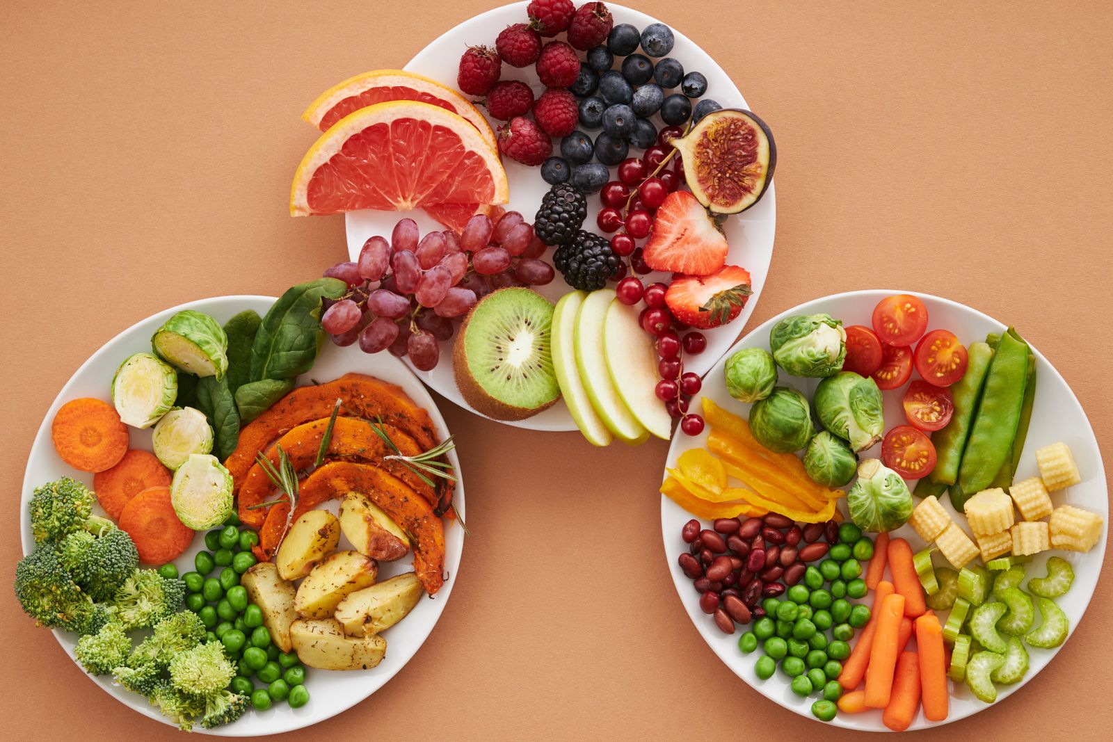 Top view of plates portioned with fruits and vegetables