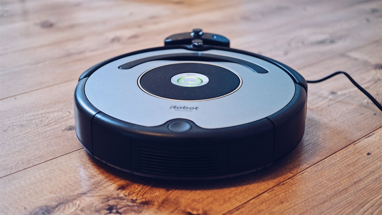 A robot vacuum picking up dust and pet hair on a carpet