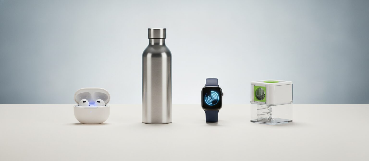 Everyday consumer products lined up for comparison