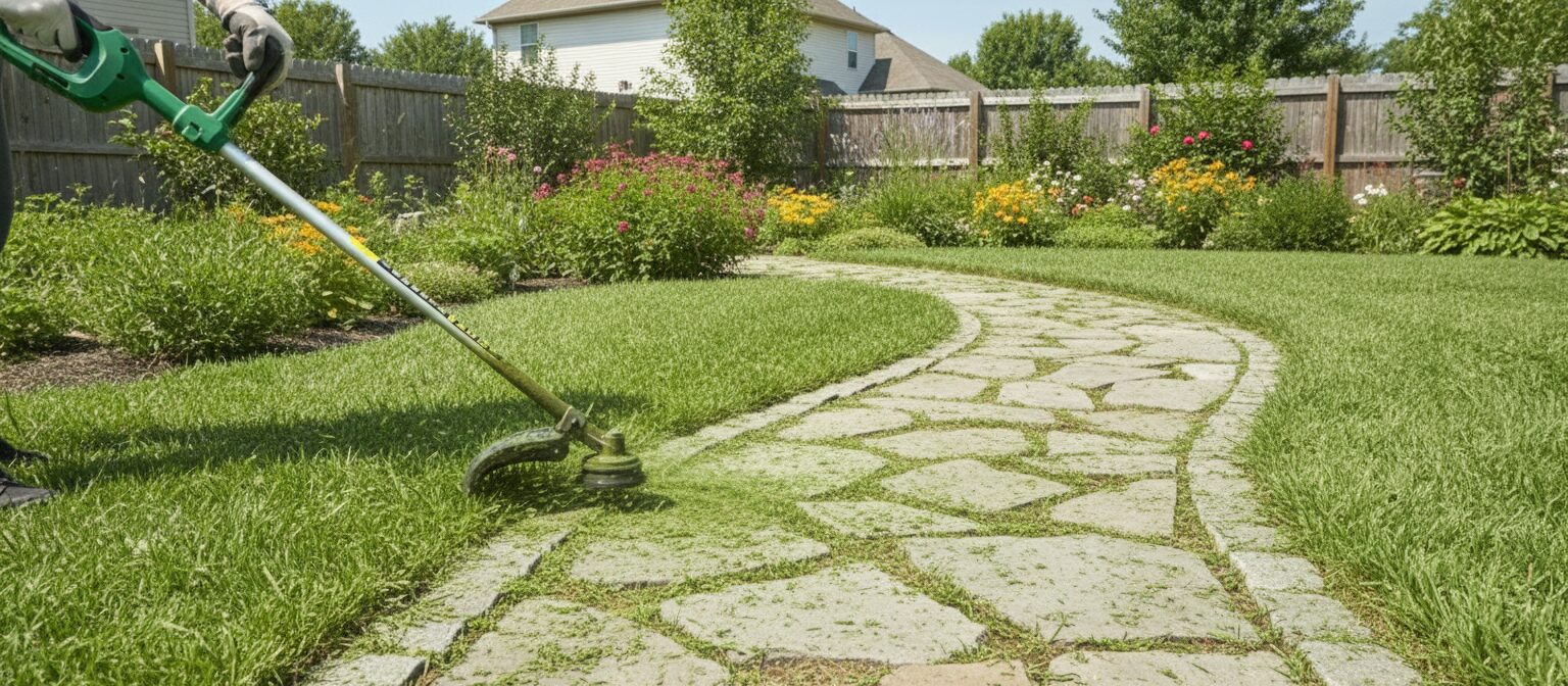 A cordless string trimmer being used to edge grass along a garden path