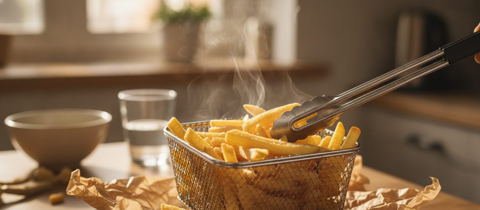 Crispy golden fries being lifted out of an air fryer basket