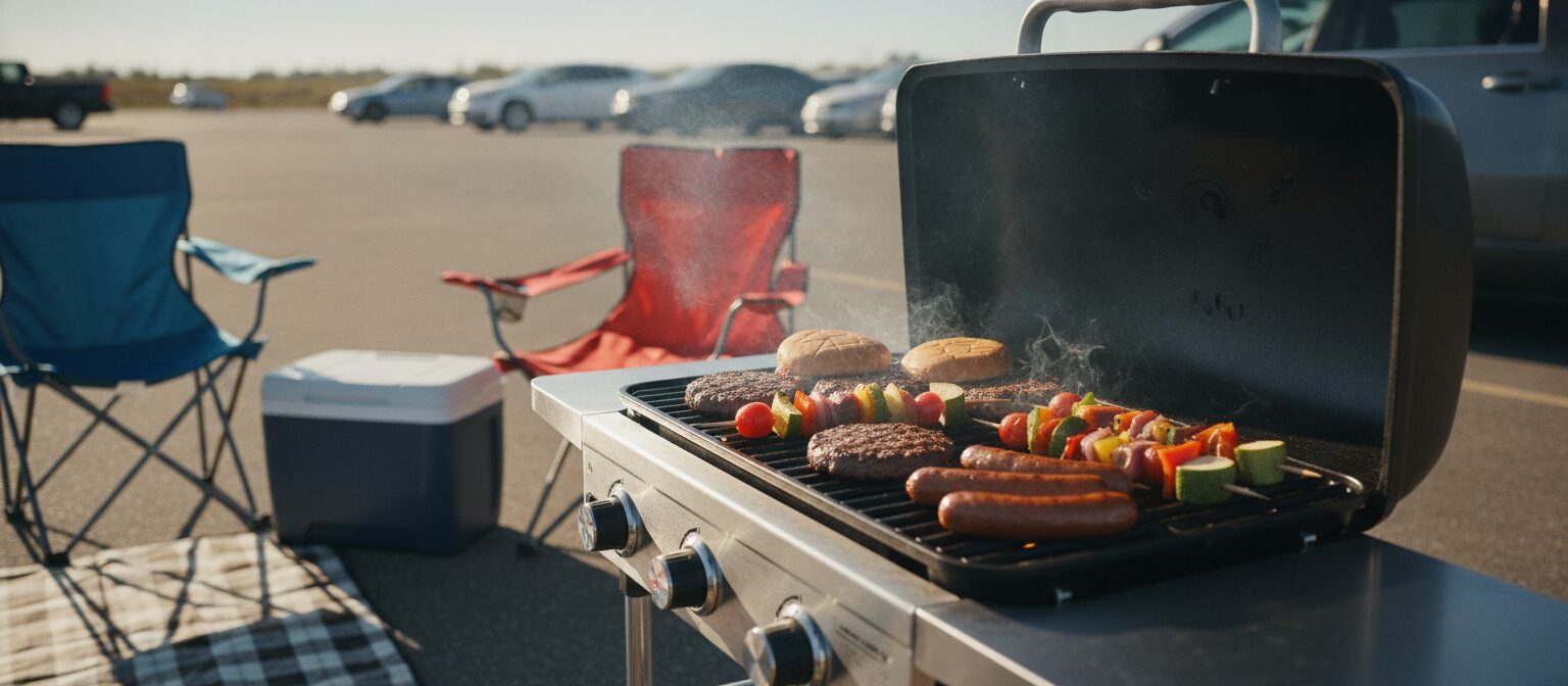 Burgers and vegetables grilling on a small portable propane grill at a tailgate