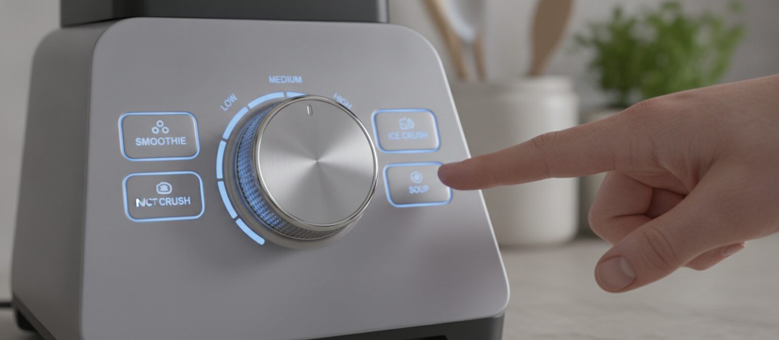 Close-up of a blender's control panel and preset buttons