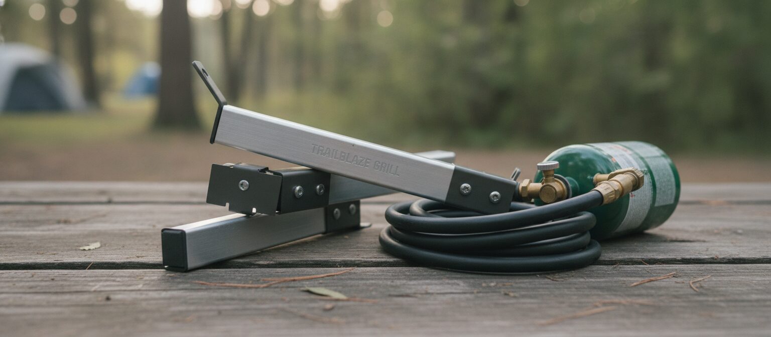 Close-up of a portable grill's folded legs and propane hose connection