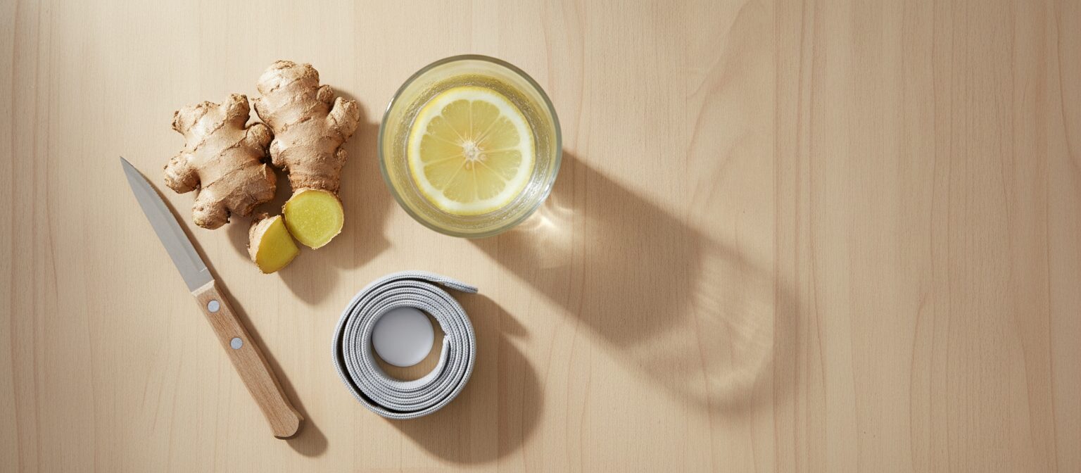 Overhead flat lay of fresh ginger root, a glass of water with lemon, and a plain acupressure wristband on a wood table