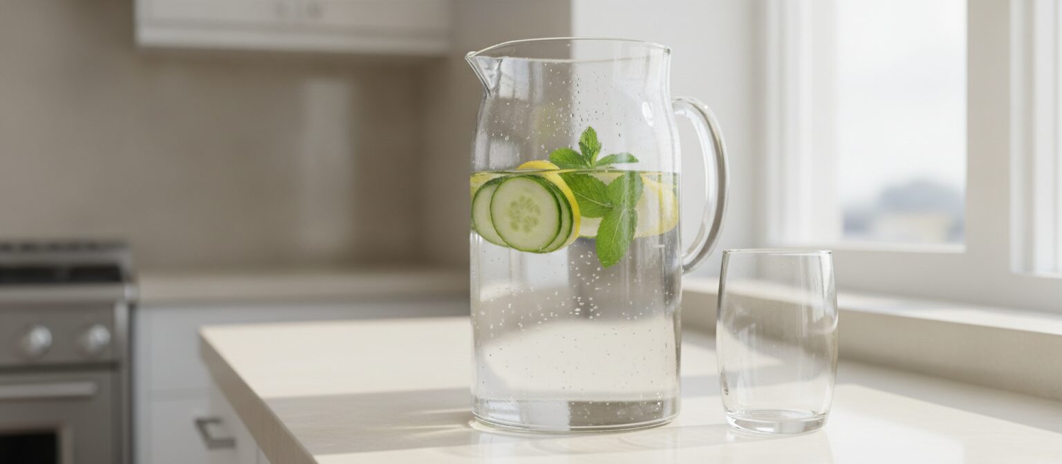 A glass pitcher of water infused with cucumber, lemon, and mint on a bright kitchen counter