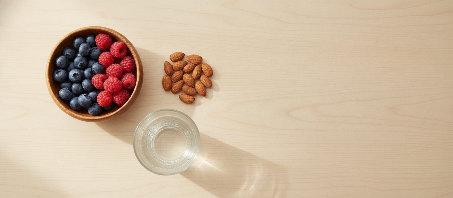 Overhead flat lay of a small bowl of mixed berries, a handful of almonds, and a glass of water on a wood table