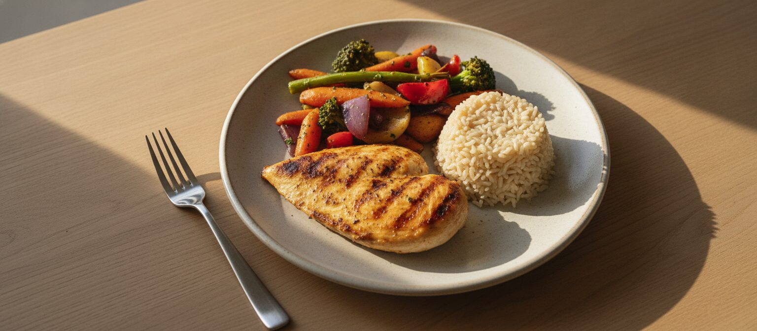 A homemade dinner plate with grilled chicken, roasted vegetables, and brown rice on a wood table