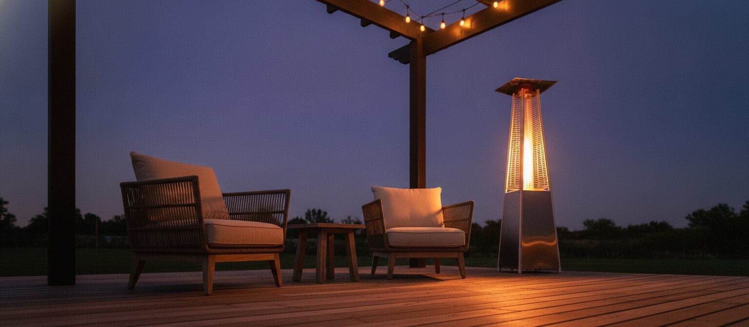 A tall freestanding patio heater glowing at dusk on a wooden deck with empty lounge chairs and string lights