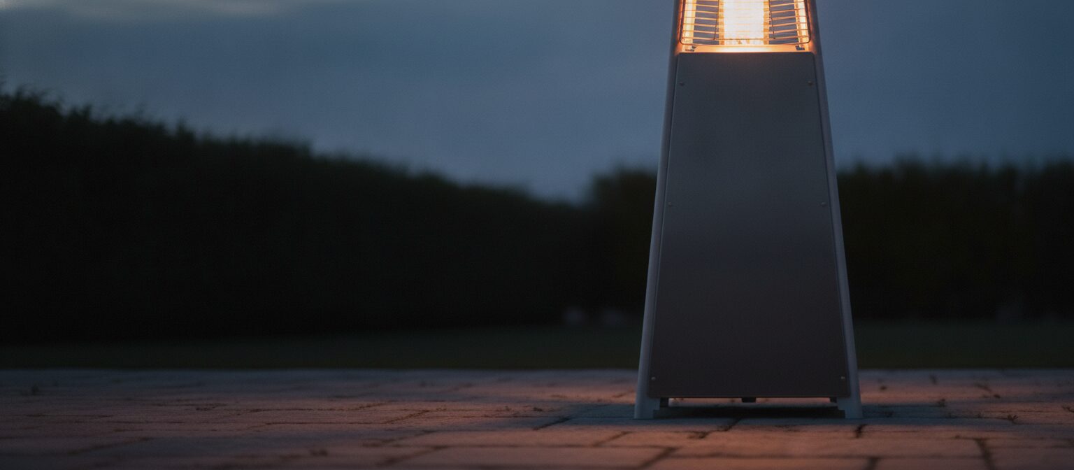 Tall freestanding pyramid-style patio heater glowing amber on a stone patio at dusk