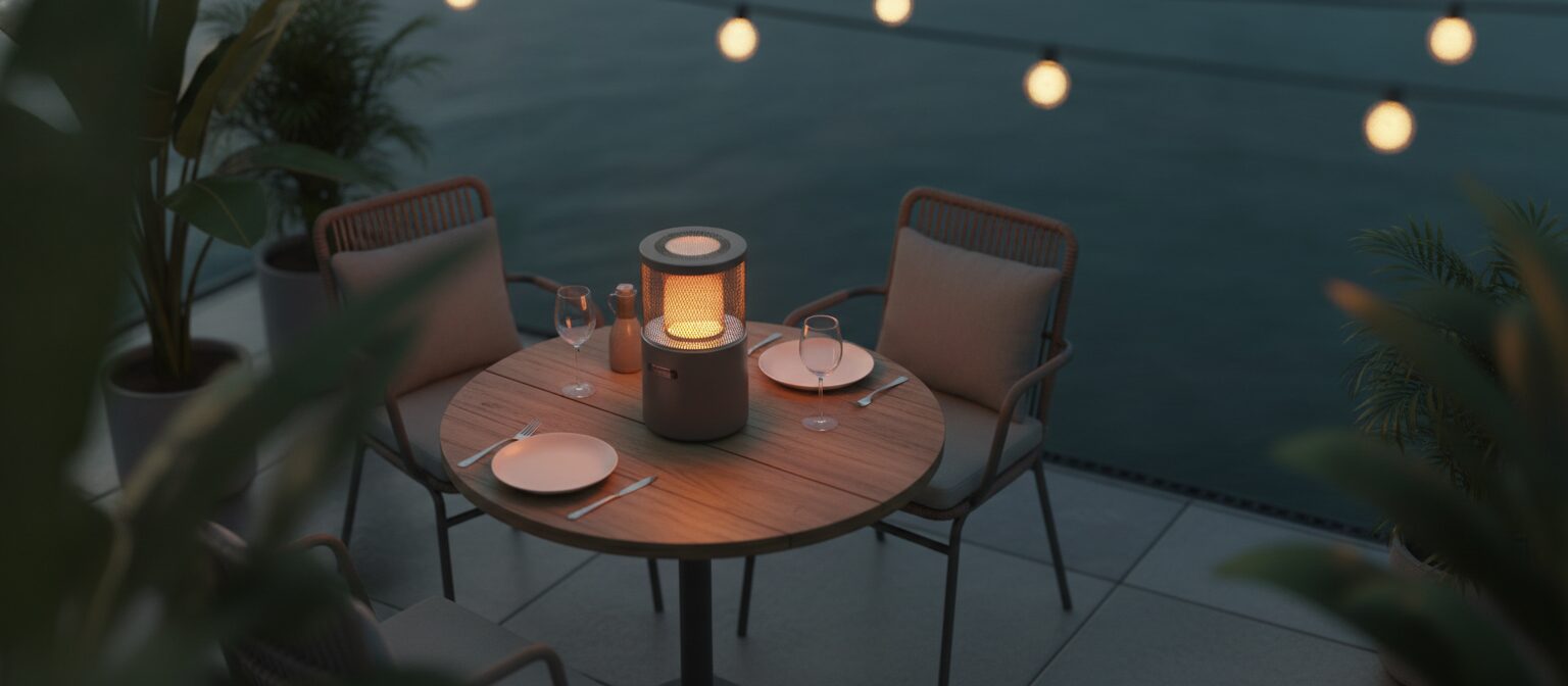 A compact tabletop patio heater glowing on a small outdoor table set for two in the evening