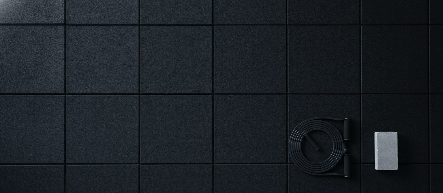 Overhead view of black rubber gym flooring with a coiled resistance band, illustrating home gym floor space