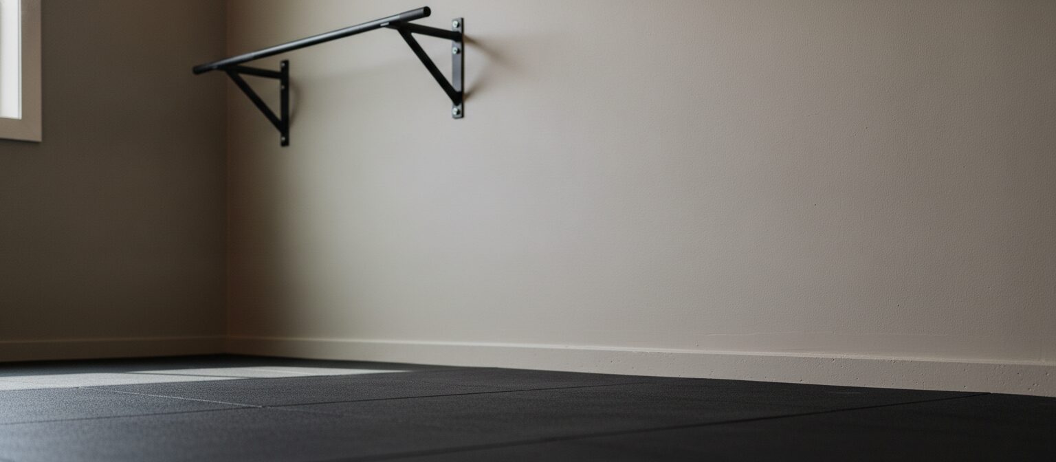 A matte black pull-up bar mounted on a painted wall in a small home gym corner with open floor space