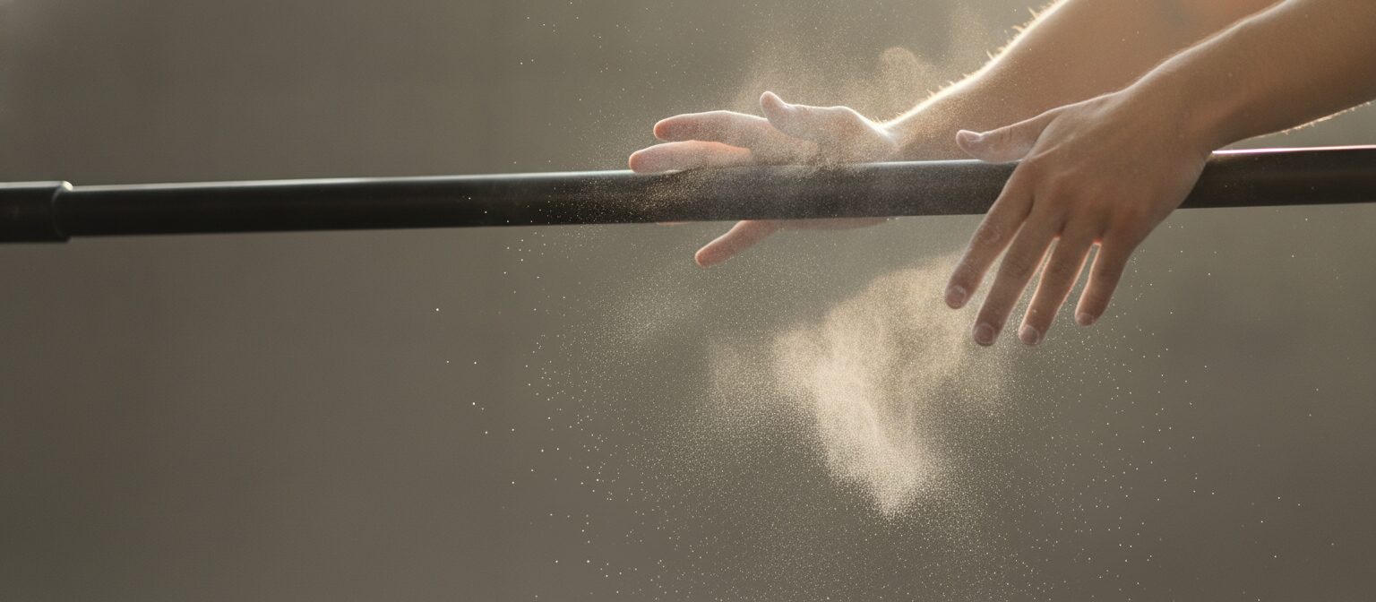 Chalked hands reaching toward a plain steel bar with chalk dust visible in the light