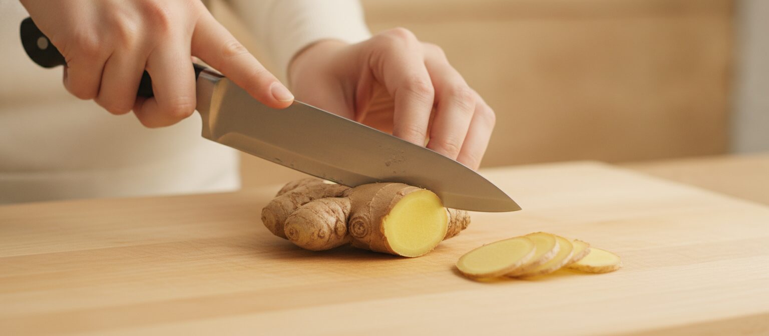 Close-up of hands slicing fresh ginger root into thin pieces on a wooden cutting board