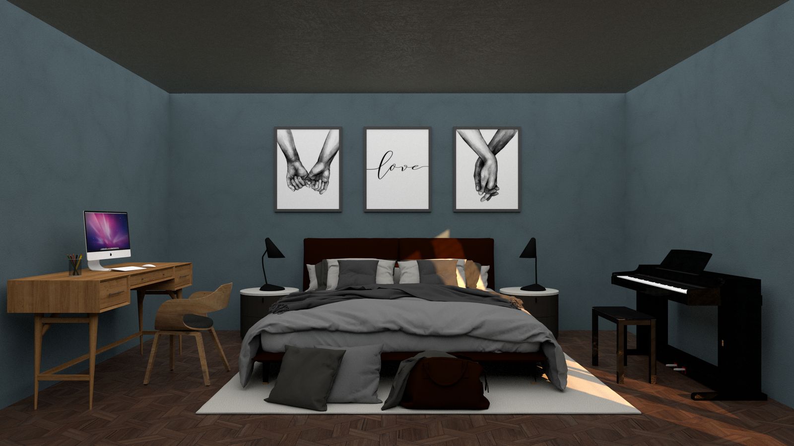 A stylish small bedroom with a comfortable bed, desk, and cozy decor