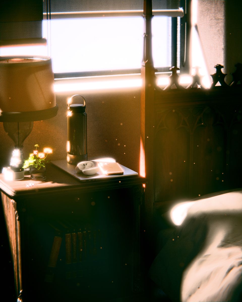 A serene bedroom scene with sunlight streaming onto a vintage nightstand beside a bed