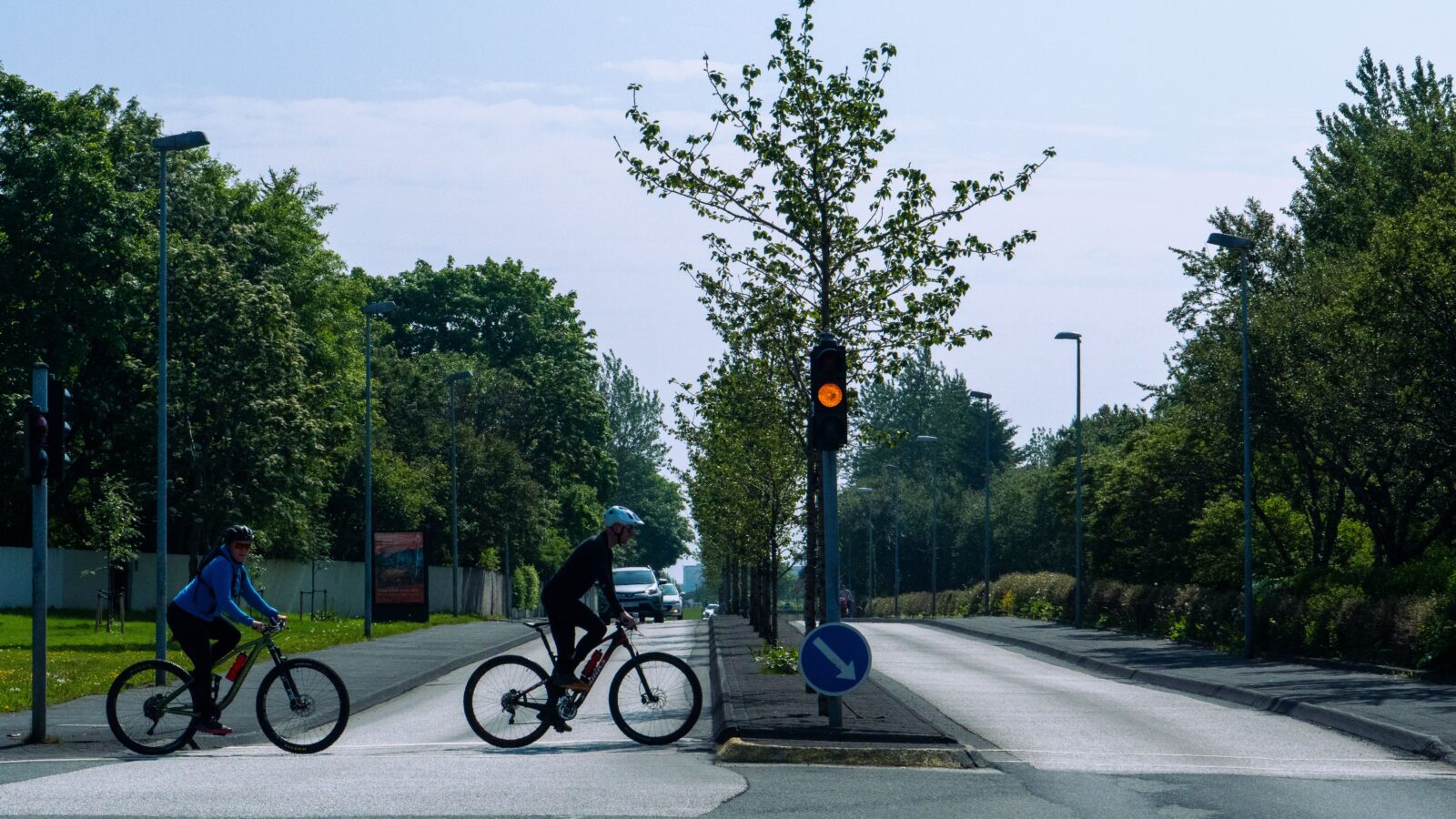 Two cyclists wearing helmets waiting at a traffic light on a tree-lined road