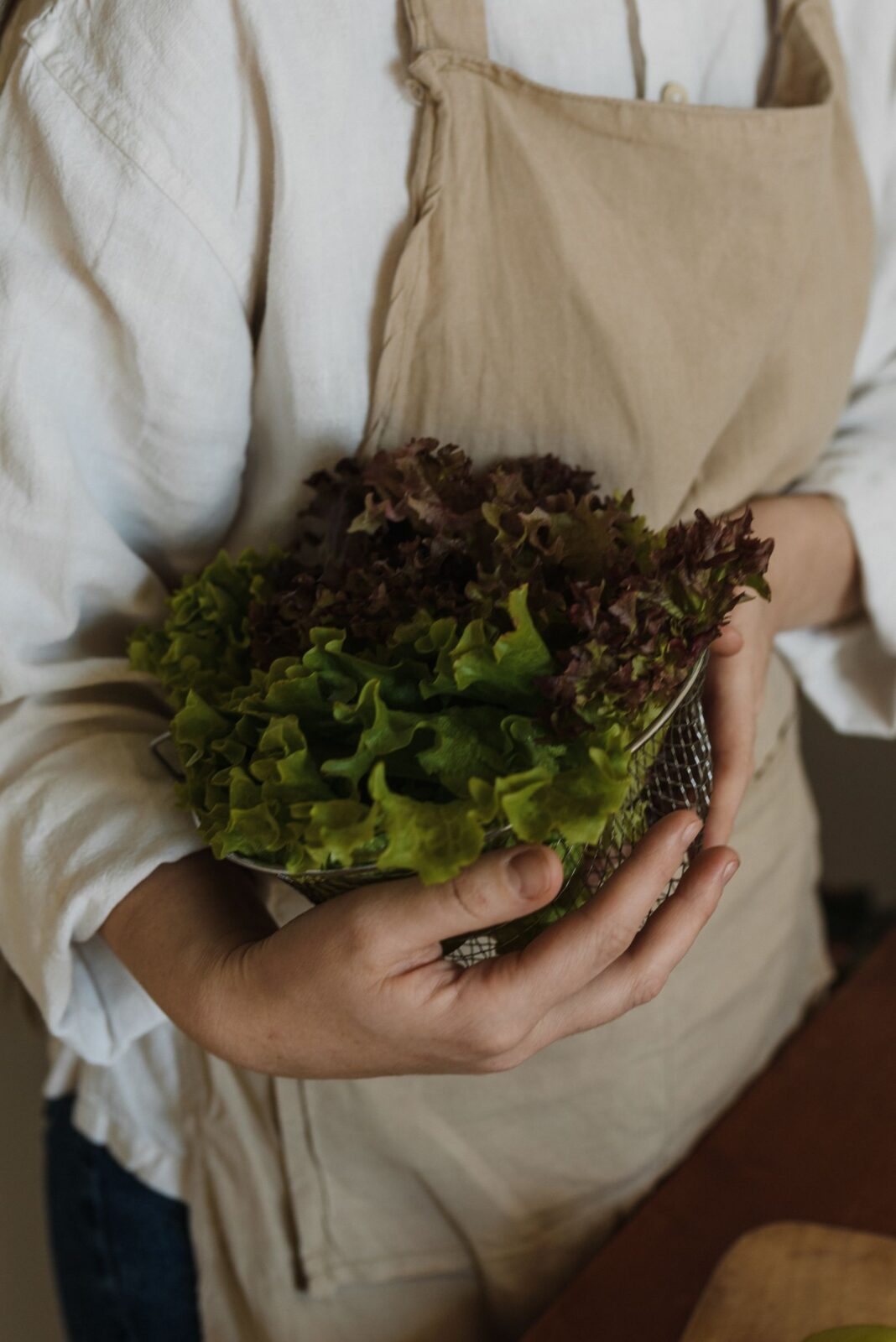 Person washing fresh lettuce leaves in a metal strainer before drying it in a salad spinner