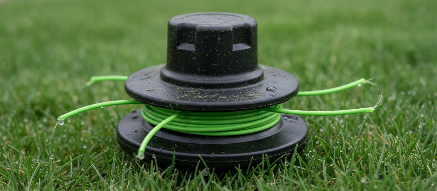 Close-up of a string trimmer's spool head and cutting line