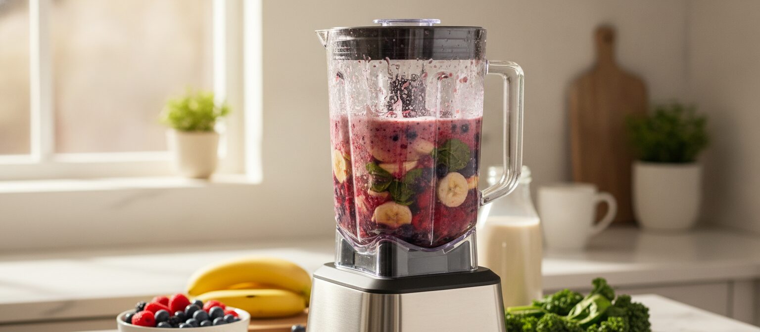 A blender mid-blend with a colorful smoothie swirling inside on a kitchen counter
