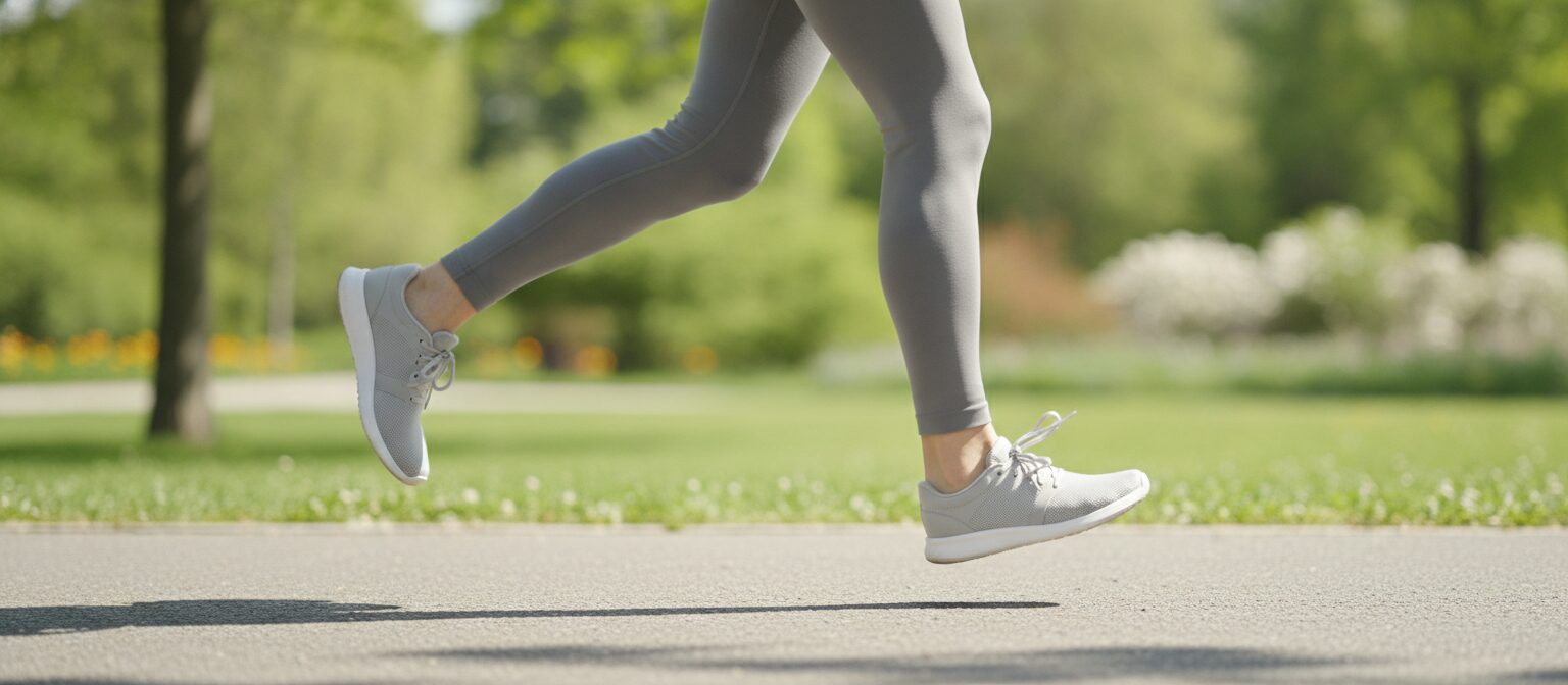 A person's legs and feet walking along a paved park path in athletic wear