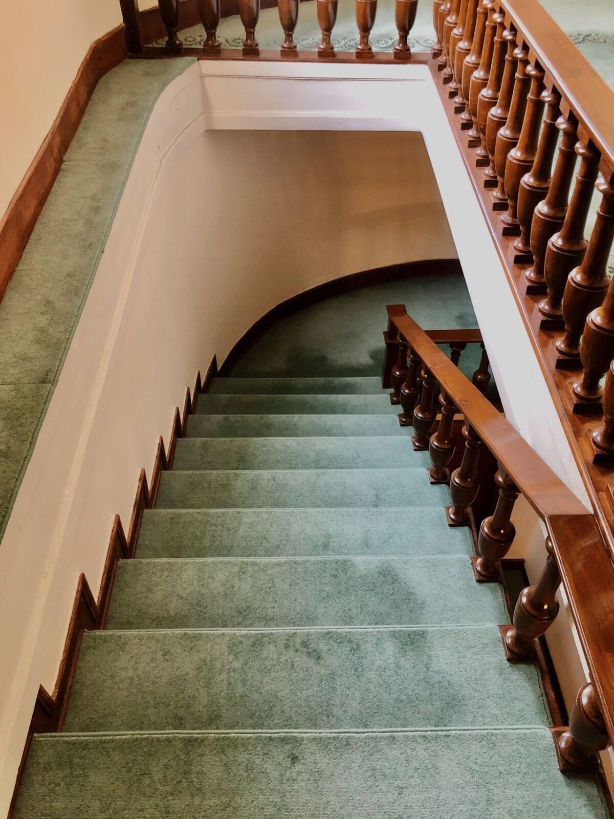 A green carpeted staircase with a wooden railing, seen from above
