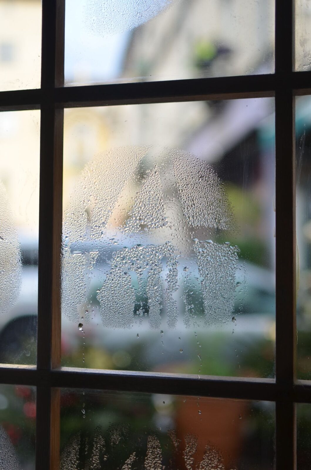 Water droplets and fog on the inside of a multi-pane window